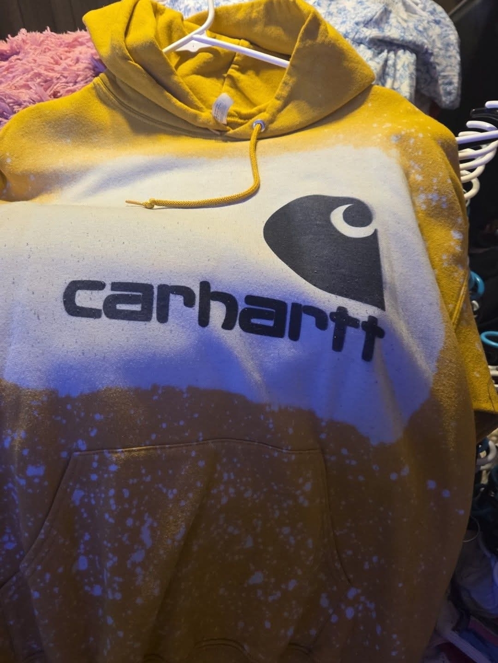 Carhartt Mustard and White Bleach-Effect Pullover Hoodie